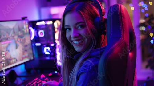 Portrait of a young female gaming streamer wearing a headset