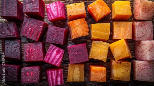 Diced beetroots and carrots seasoned with herbs, arranged on a wooden surface showcasing vibrant root vegetable textures.