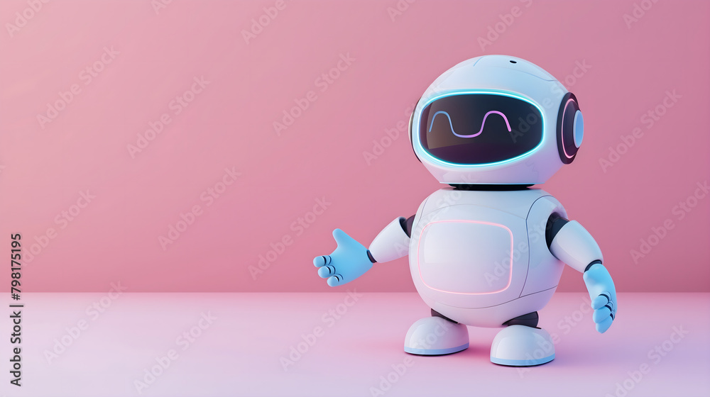 3D rendering of a cute smiling white robot with blue hands
