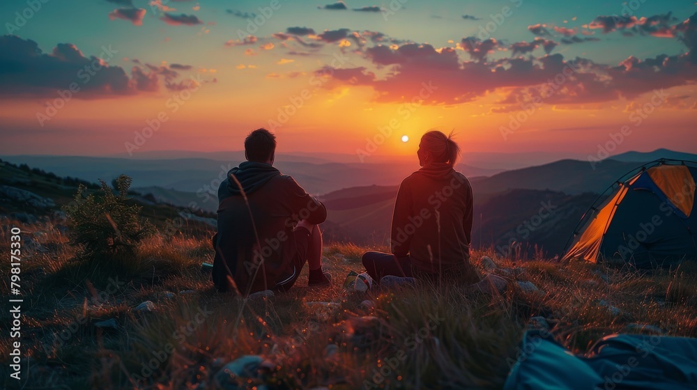 Two people are sitting on a hillside, watching the sun set