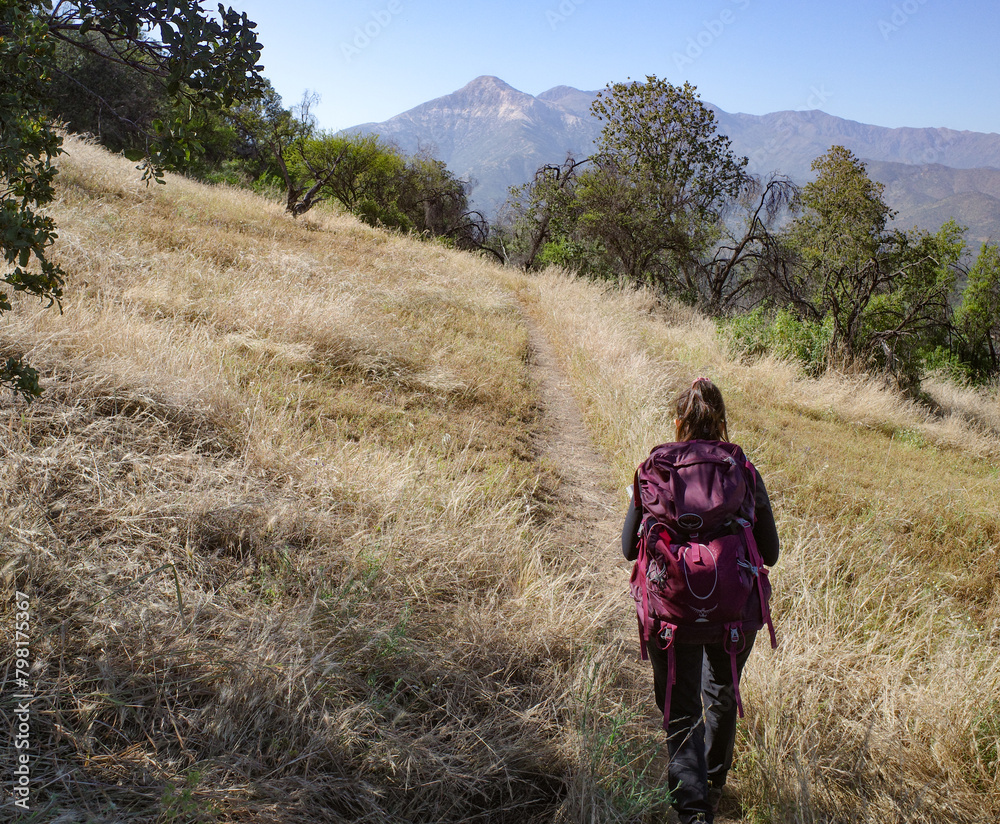 Naklejka premium Santiago, Chile - 25 Nov, 2023: A Female hiker on a trail in the Andes Mountains near Pirque, Chile