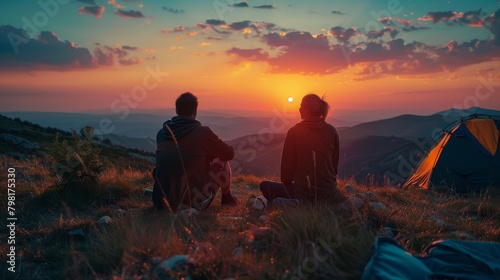 Two people are sitting on a hillside  watching the sun set