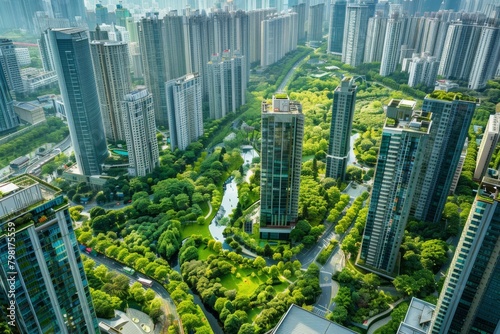 aerial view of green big city with skyscrapers. Environment in cities. Urban view from above.