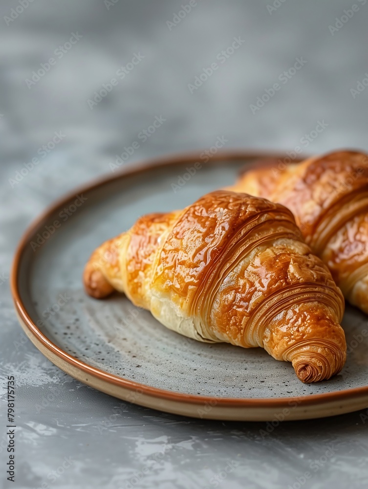 Two golden croissants on a minimalist ceramic plate. Close-up view image for food and lifestyle themes. Banner with copy space.