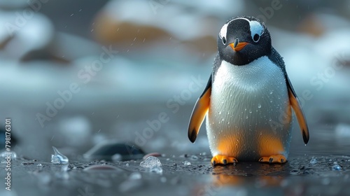 Cute penguin cartoon 3d on the right side with blank space for text
