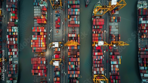A view of a busy port with many large containers stacked on top of each other
