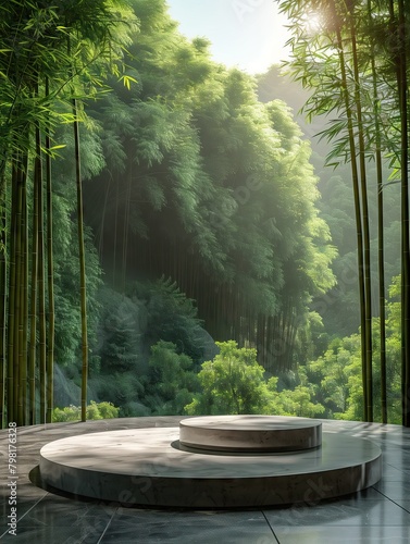 3d products display podium scene. Bamboo forest in the background. Showcase photo