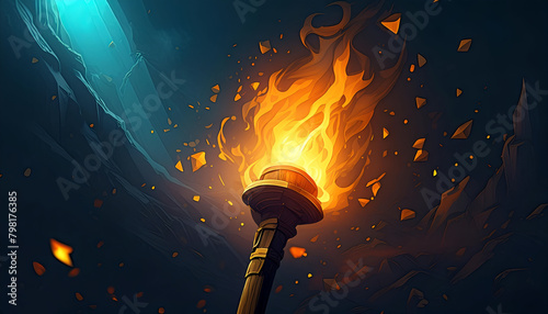 Illustration of a wooden torch fire. medieval fire lamp. Combustion element design photo