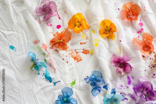 artistic illustration of colorful flowers imprinted with paint on white fabric. Screen printing hobby class.