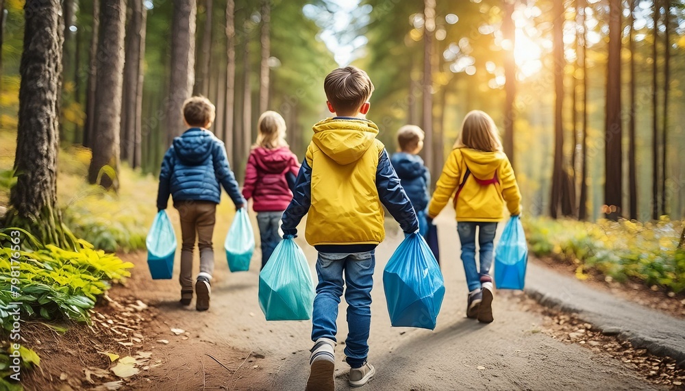 Kinder helfen und sammeln den Müll ein für eine saubere Umwelt. Kinder helfen und sammeln den Müll ein für eine saubere Umwelt.