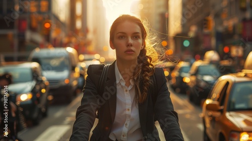 A woman in a business suit rides a bike through a busy city street © G.Go