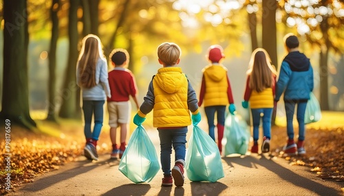 Kinder helfen und sammeln den Müll ein für eine saubere Umwelt.  photo