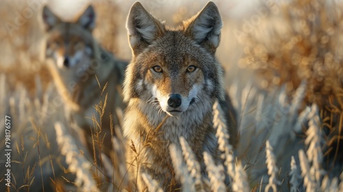 Majestic Wild Coyotes in Golden Hour Grassland