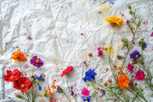 artistic illustration of colorful flowers imprinted with paint on white fabric. Screen printing hobby class.