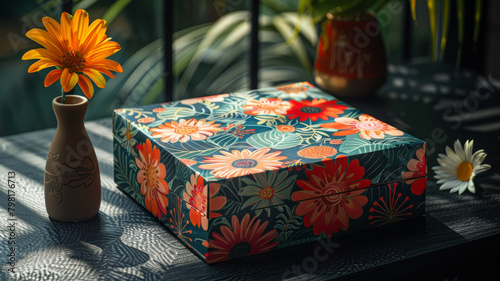A floral-patterned gift box with a gerbera flower.