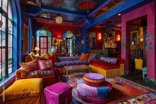 maximalist interior of living room in vibrant colors. Trendy style of design.  photo