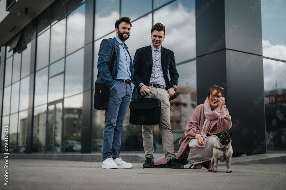 Professional business colleagues and a pet dog enjoying a relaxed moment outside the office building
