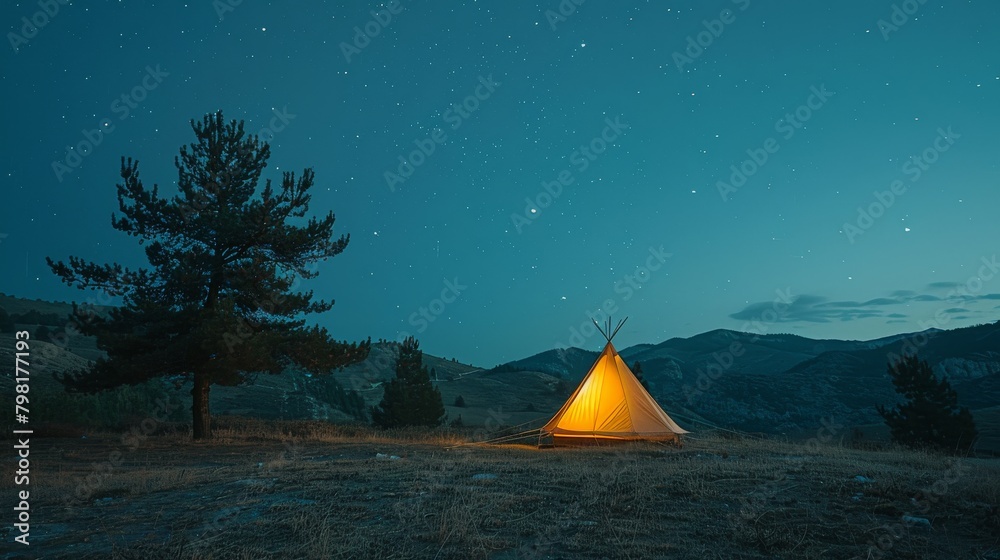 A teepee is set up in a field at night