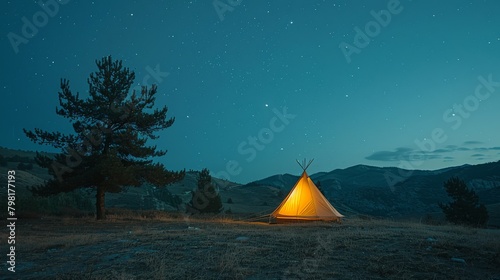 A teepee is set up in a field at night © G.Go