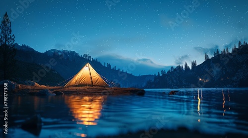 A small tent is set up on a lake at night