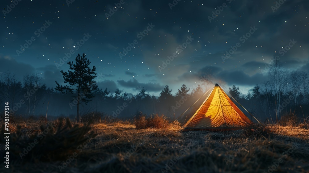 A small tent is lit up in the woods at night