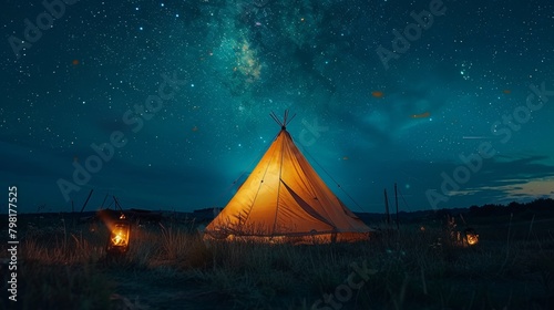 A teepee is lit up in the dark with a starry sky above it © G.Go