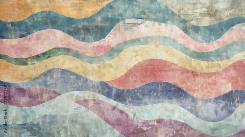 Hand painted watercolor batik designs are artfully distressed with a multicolor palette giving an old paper abstract vogue wallpaper flair This vintage rustic natural canvas showcases a wav photo
