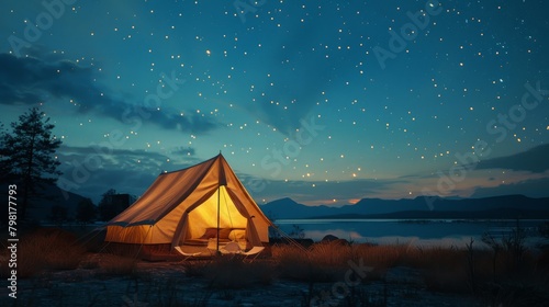 A small tent is set up in a field with a beautiful starry sky above it