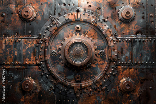 Iron metal background, steampunk style metallic mechanisms photo