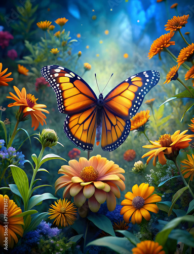 monarch orange butterfly and bright summer flowers