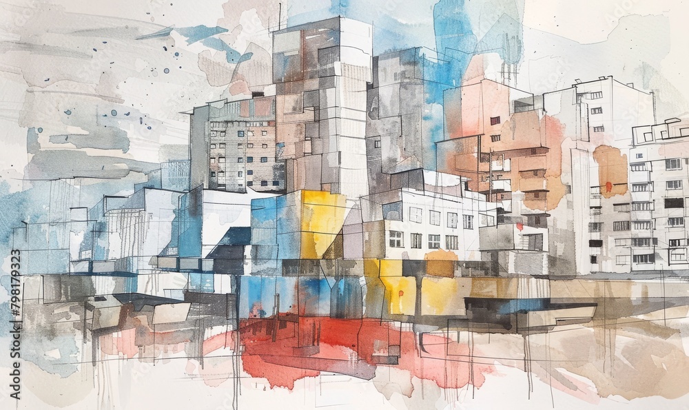 Fototapeta premium Bright watercolor drawing of a residential area of the city