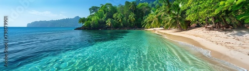 Pristine tropical coast with crystal clear water and lush greenery © Vodkaz