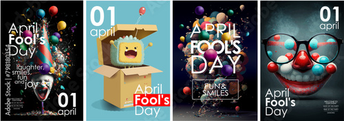 April 1, April fool's day. Crazy funny illustrations of a laughing clown in a cap, a toy on a spring, glasses with a nose and a smile, balloons for a poster, background or greeting card	
