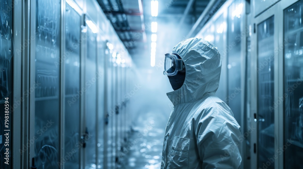 Fototapeta premium A man in a white lab coat stands in a room with a foggy atmosphere