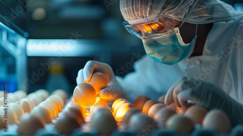 A man in a lab coat is working with eggs