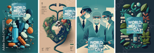 World Health Day. Vector illustration of medicine, doctors, pills, creative idea with earth, heart and stethoscope for april 7th holiday, poster or background	
