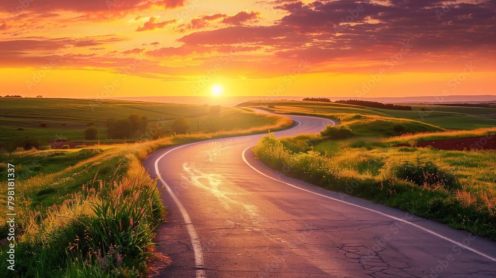 A winding road leading towards a glowing sunrise, symbolizing the journey towards success