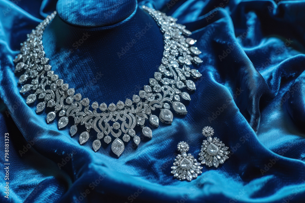 Obraz premium diamond necklace and earrings set on a blue velvet fabric
