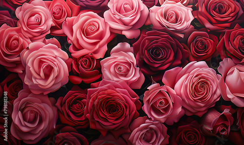 Close-up of a lush bouquet with varying shades of roses. Generate AI