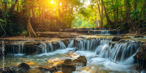 A waterfall in the jungle with the sun shining through the trees  © MaLik