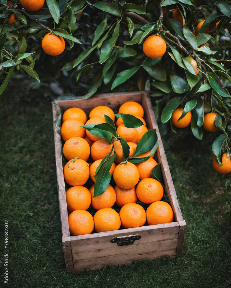 Organic ripe orange tangerine crop or citrus harvest in basket on wood against garden background.Organically produced and harvested vegetables and fruits from the farm. 