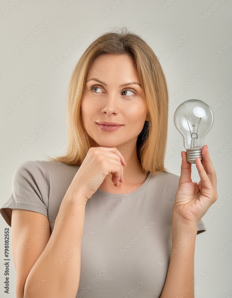 Woman with an Idea - Visualization of Having an Idea - Innovative and Creative Woman - Iconography of a Light Bulb representing an idea Woman with an Idea - Visualization of Having an Idea - Innovative and Creative Woman - Iconography of a Light Bulb representing an idea