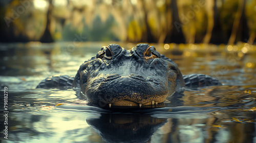 Bayou Behemoth: In the depths of a southern bayou, an alligator glides effortlessly through the still waters, leaving only ripples in its wake. With eyes that seem to pierce throug