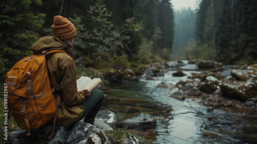 A woman is sitting on a rock by a river with a book in her hand A woman is sitting on a rock by a river with a book in her hand