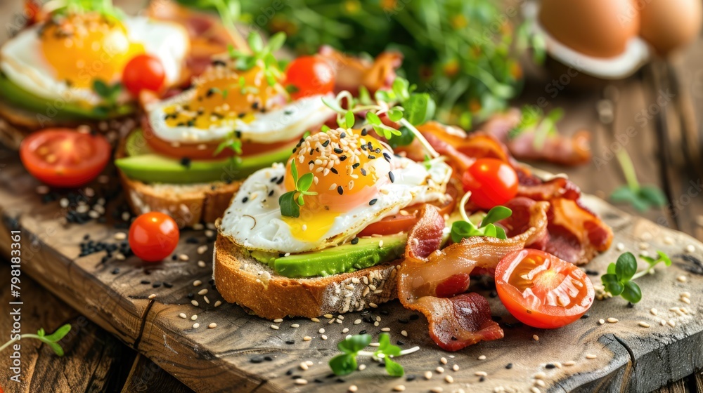 Brunch with poached eggs, an avocado toast served with whole-grain bread, garnished with cherry tomatoes, microgreens on rustic wooden plates Brunch with poached eggs, an avocado toast served with whole-grain bread, garnished with cherry tomatoes, microgreens on rustic wooden plates