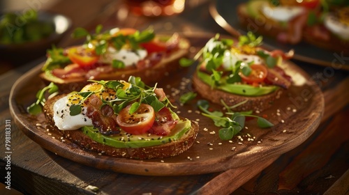 Brunch with poached eggs, an avocado toast served with whole-grain bread, garnished with cherry tomatoes, microgreens on rustic wooden plates photo