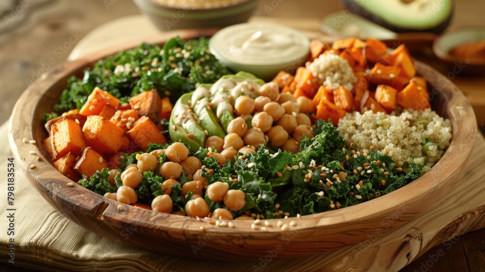 Buddha bowl arranged on a wooden serving platter with quinoa, roasted sweet potatoes, kale, chickpeas, avocado slices. Healthy food concept background Buddha bowl arranged on a wooden serving platter with quinoa, roasted sweet potatoes, kale, chickpeas, avocado slices. Healthy food concept background