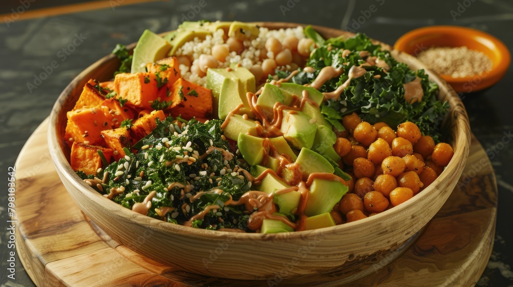 Buddha bowl arranged on a wooden serving platter with quinoa, roasted sweet potatoes, kale, chickpeas, avocado slices. Healthy food concept background Buddha bowl arranged on a wooden serving platter with quinoa, roasted sweet potatoes, kale, chickpeas, avocado slices. Healthy food concept background