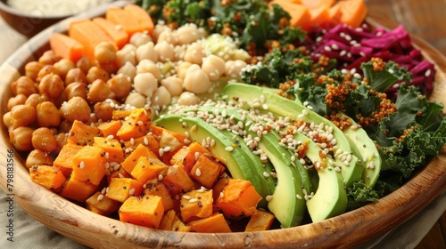 Buddha bowl arranged on a wooden serving platter with quinoa, roasted sweet potatoes, kale, chickpeas, avocado slices. Healthy food concept background