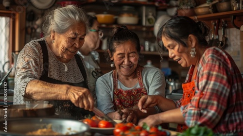 Three women are in a kitchen, laughing and cooking together